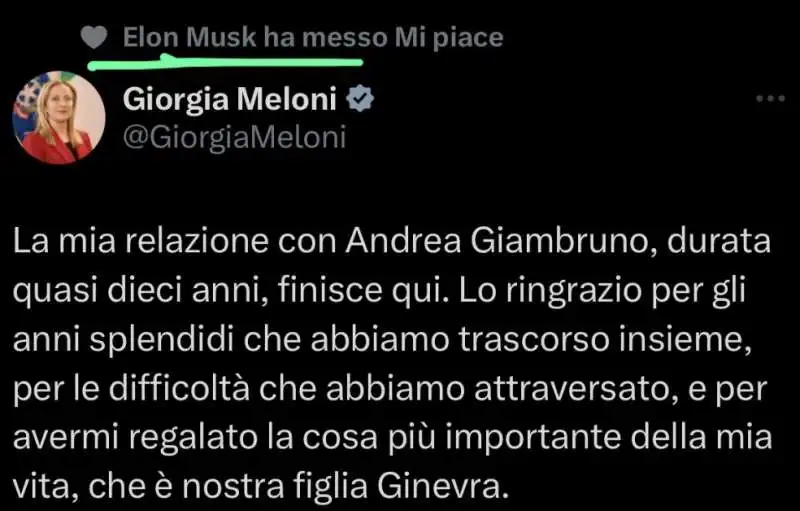 ELON MUSK METTE MI PIACE AL TWEET DI GIORGIA MELONI