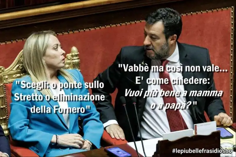 GIORGIA MELONI MATTEO SALVINI - PONTE SULLO STRETTO E LEGGE FORNERO - VIGNETTA BY OSHO