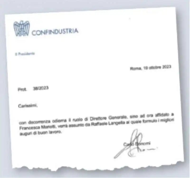 IL DOCUMENTO DI NOMINA DEL NUOVO DG  DI CONFINDUSTRIA  FIRMATO DA CARLO BONOMI