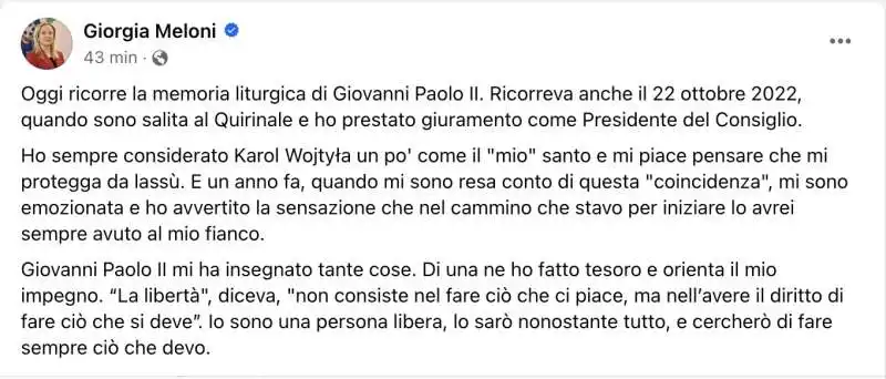 IL POST IN CUI GIORGIA MELONI CITA KAROL WOJTYLA