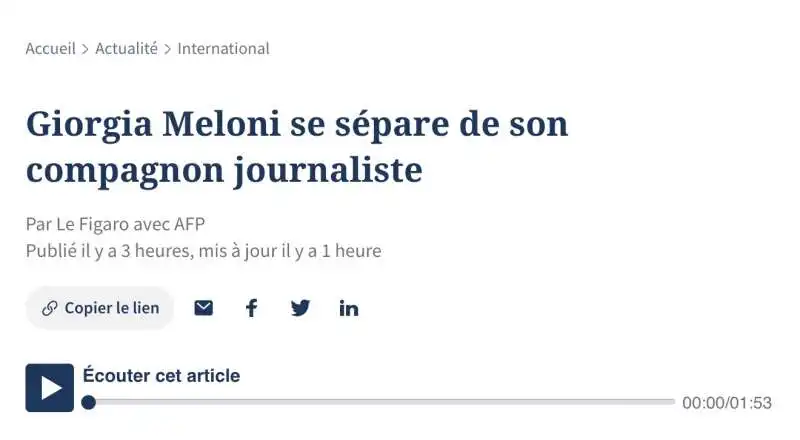 la notizia della separazione di giorgia meloni e andrea giambruno su le figaro 