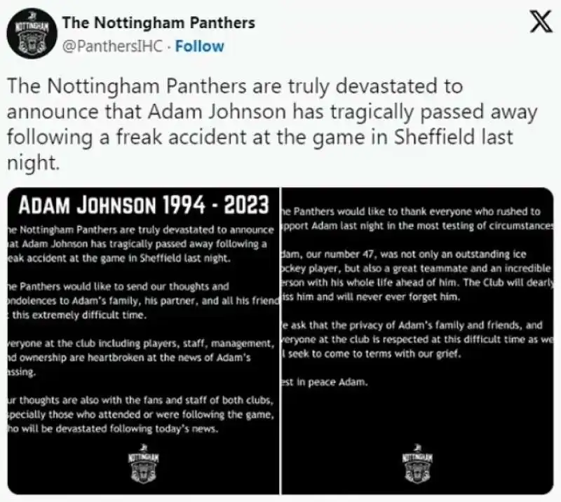 tweet del nottingham panthers sulla morte di adam johnson 