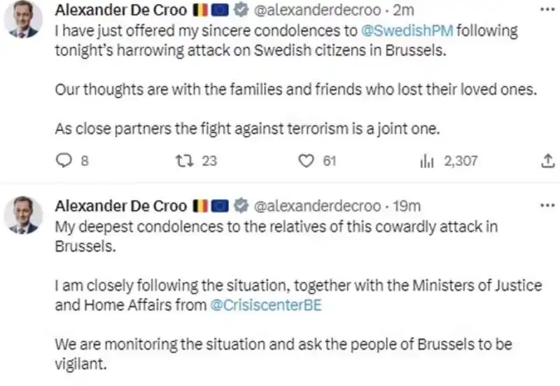 tweet del primo ministro belga de croo dopo l attentato a bruxelles 