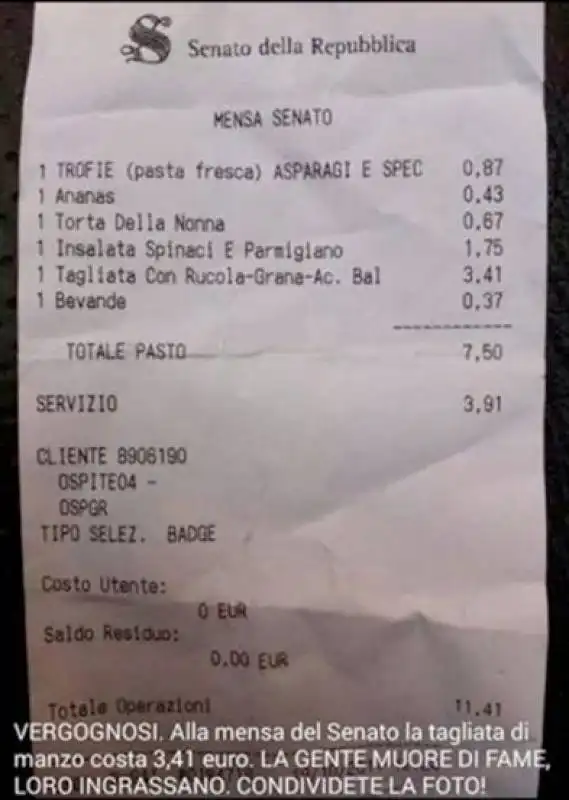 il prezzo di una tagliata di carne al senato