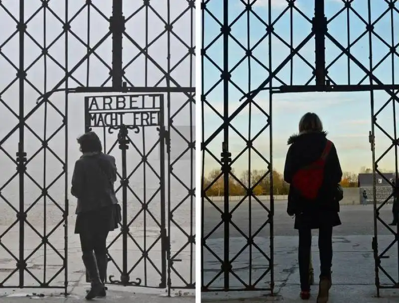 l'immagine del cancello del campo di dachau prima e dopo il furto della la targa 'arbeit macht frei