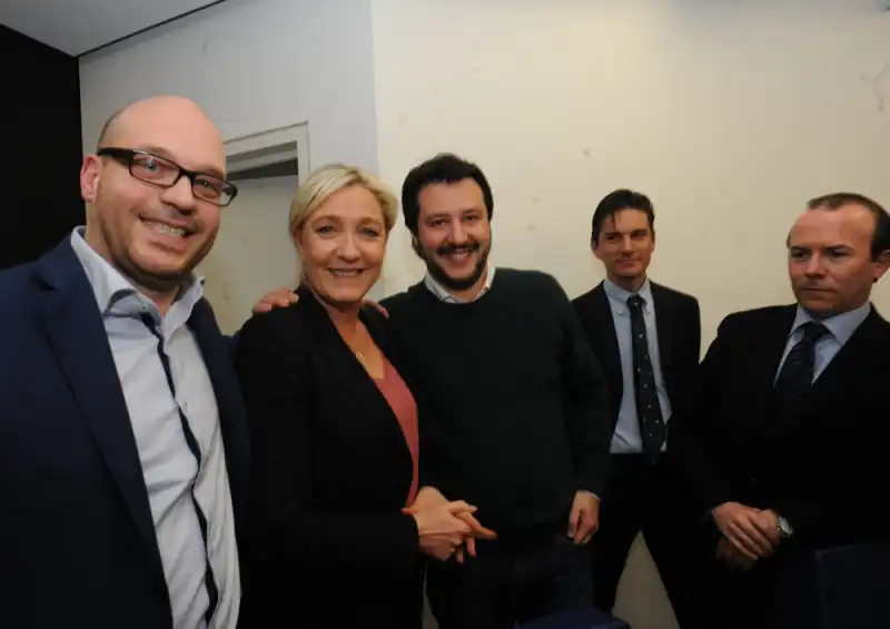 lorenzo fontana, marine le pen, matteo salvini, max ferrari e gianluca savoini