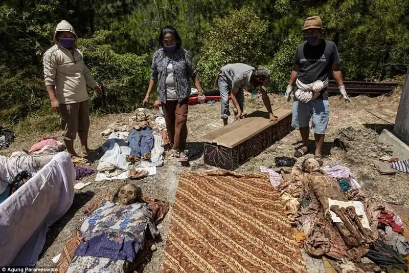 il popolo di toraja asciuga le mummie al sole