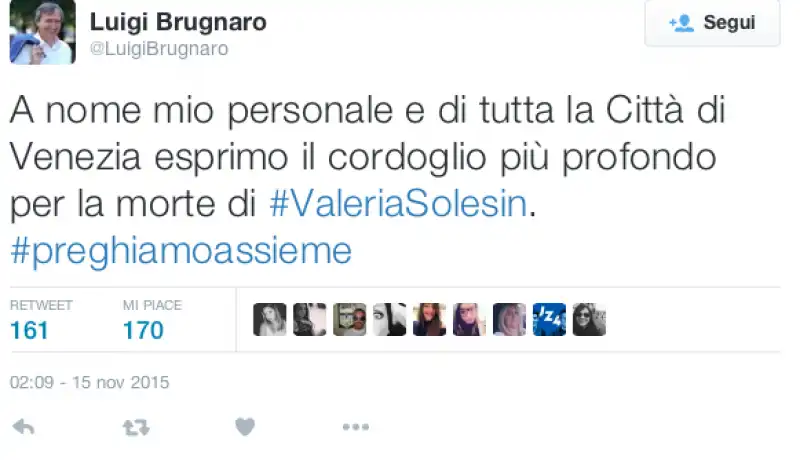 TWEET BRUGNARO SU VALERIA SOLESIN