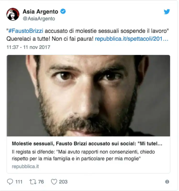 IL TWEET DI ASIA ARGENTO SU BRIZZI