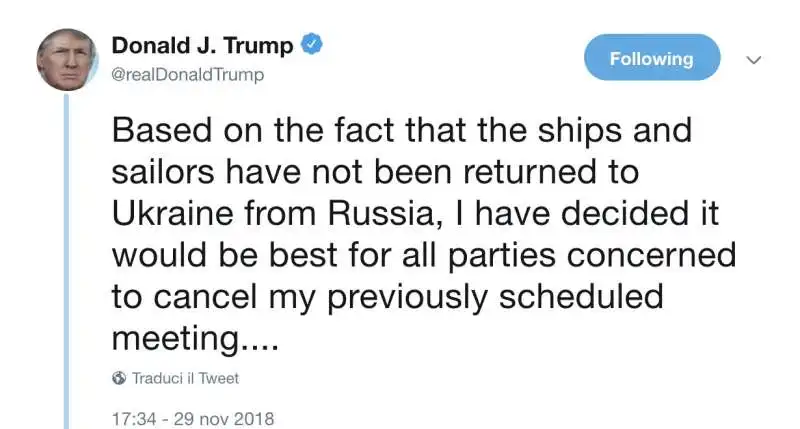 TRUMP CANCELLA IL BILATERALE CON PUTIN SU TWITTER