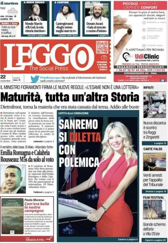 DILETTA LEOTTA A SANREMO - LA COPERTINA DI LEGGO DEL 22 NOVEMBRE 2019