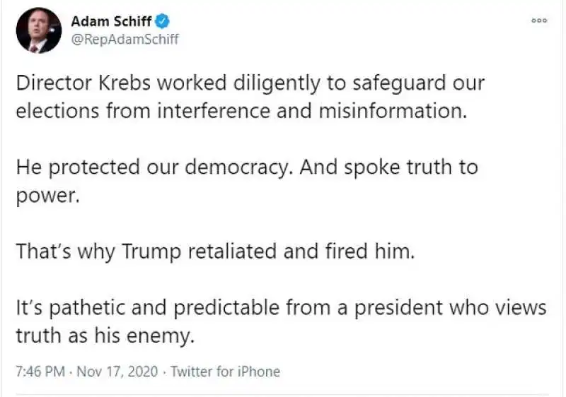 adam schiff contro il licenziamento di krebs