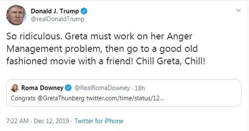 il tweet di trump contro greta   dicembre 2019