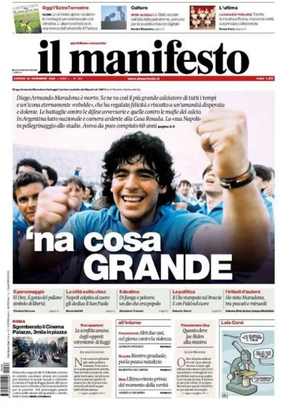 LA PRIMA PAGINA DE IL MANIFESTO SULLA MORTE DI MARADONA