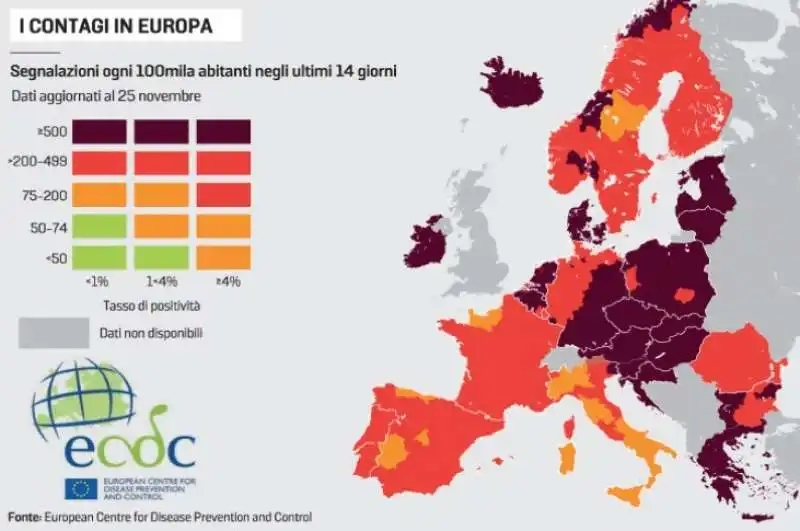 CONTAGI IN EUROPA - MAPPA ECDC AGGIORNATA AL 25 NOVEMBRE 2021