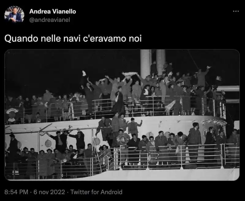 IL TWEET DI ANDREA VIANELLO SUI MIGRANTI