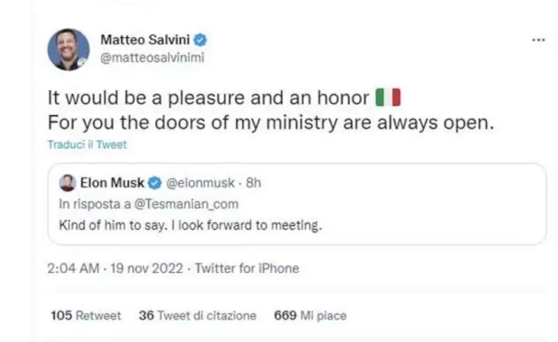 LO SCAMBIO DI TWEET TRA ELON MUSK E MATTEO SALVINI