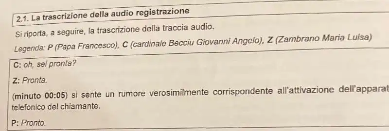 TRASCRIZIONE DELLA REGISTRAZIONE TRA ANGELO BECCIU E PAPA FRANCESCO