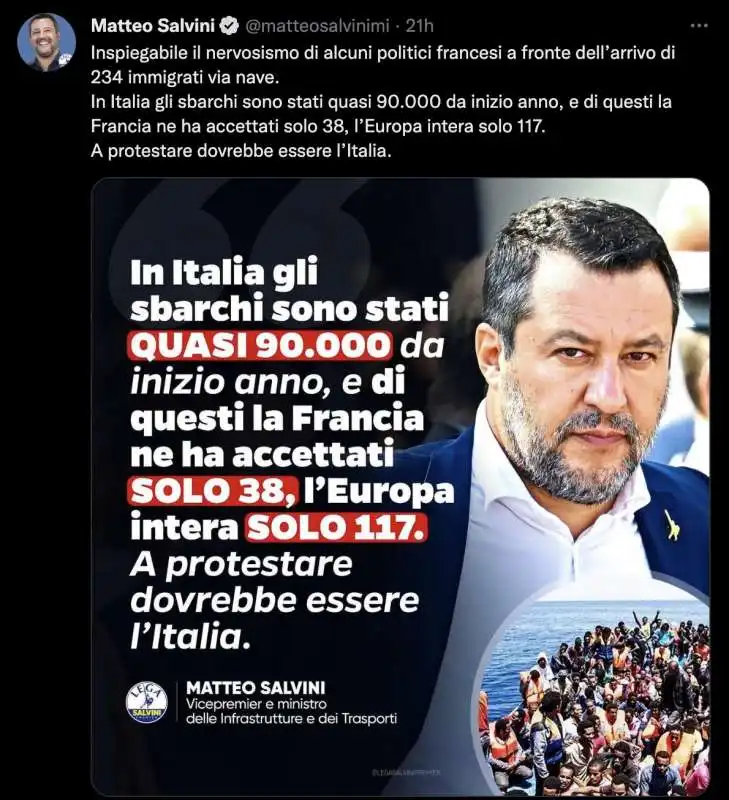 TWEET DI SALVINI SUL CASO OCEAN VIKING 1