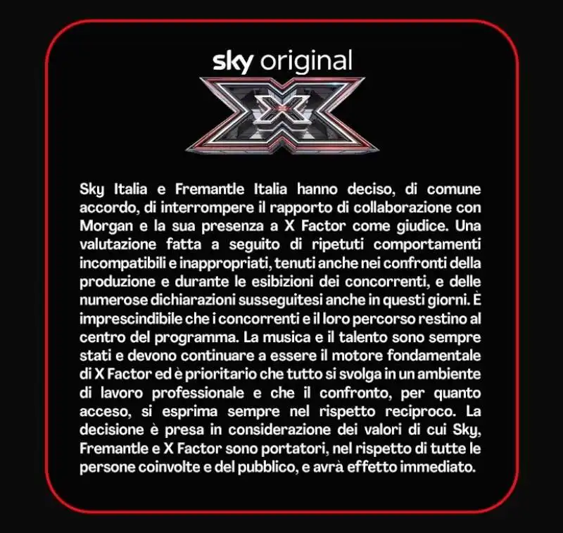 Sky e Fremantle comunicano che morgan e fuori da x factor