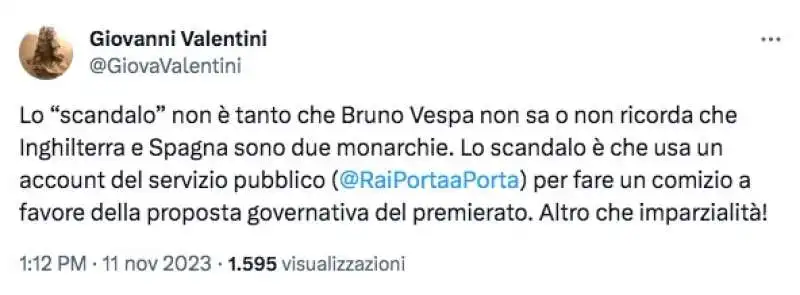 TWEET DI GIOVANNI VALENTINI SUL CASO BRUNO VESPA E PREMIERATO