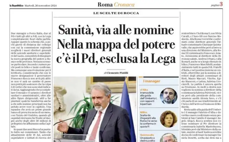 ARTICOLO DI REPUBBLICA ROMA SULLE NOMINE NELLA SANITA DI FRANCESCO ROCCA