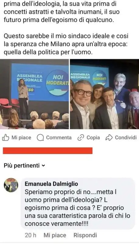 COMMENTO DI EMANUELA DALMIGLIO ALLA CANDIDATURA DEL MARITO, MAURIZIO LUPI, A SINDACO DI MILANO