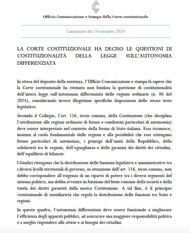 COMUNICATO DELLA CORTE COSTITUZIONALE SULL AUTONOMIA DIFFERENZIATA 1