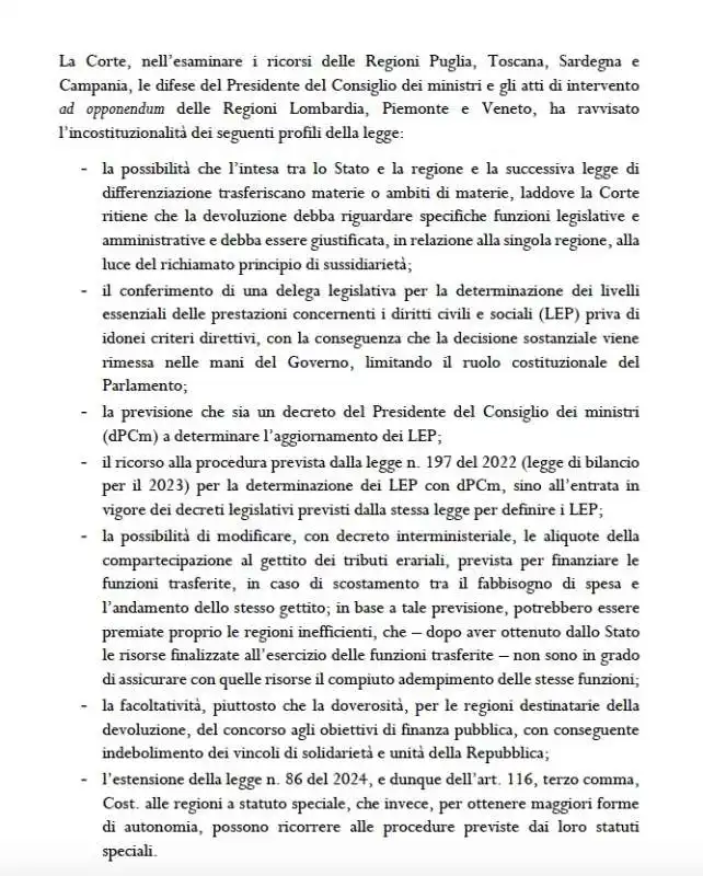 COMUNICATO DELLA CORTE COSTITUZIONALE SULL AUTONOMIA DIFFERENZIATA 2