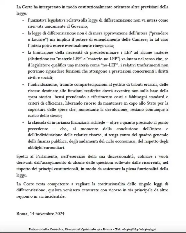 COMUNICATO DELLA CORTE COSTITUZIONALE SULL AUTONOMIA DIFFERENZIATA 3