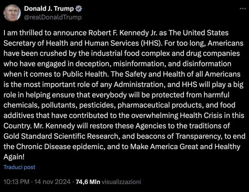 donald trump annuncia robert f kennedy come segretario alla salute