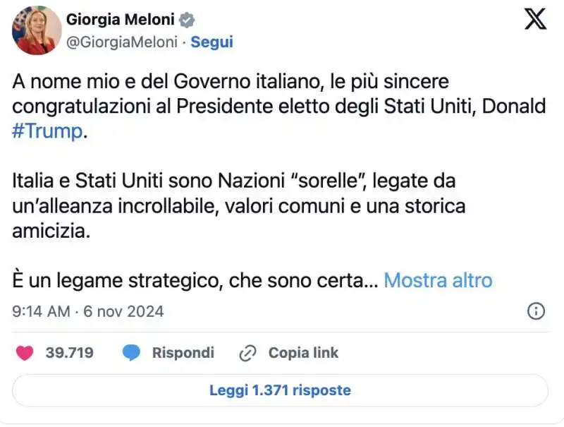 GIORGIA MELONI SI CONGRATULA CON DONALD TRUMP PER LA VITTORIA 