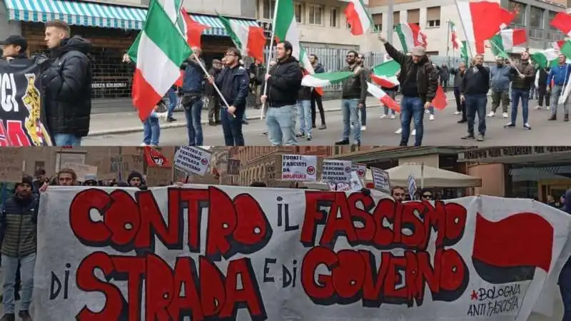 manifestazione e contromanifestazione in centro a bologna