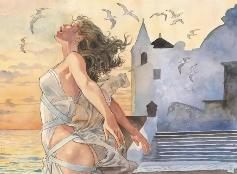 milo manara - donna davanti alla Chiesa del Soccorso a Ischia 