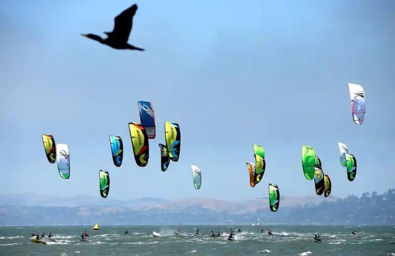 a fleet of kiteboard racers competes in san francisco 