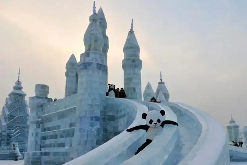 UN LAVORATORE VESTITO DA PANDA AL FESTIVAL DEL GHIACCIO DI HARBIN IN CINA 