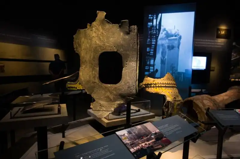 a fragment from american airlines flight 11 on display at the national september 11 memorial museum.