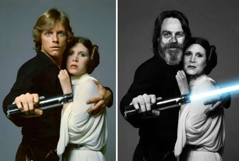 mark hamill e carrie fisher nel 1977 e nel 2015