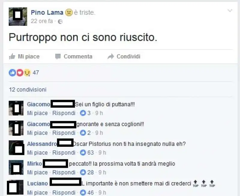 PINO LAMA PROVA A UCCIDERE A LA EX E LO SCRIVE SU FACEBOOK  