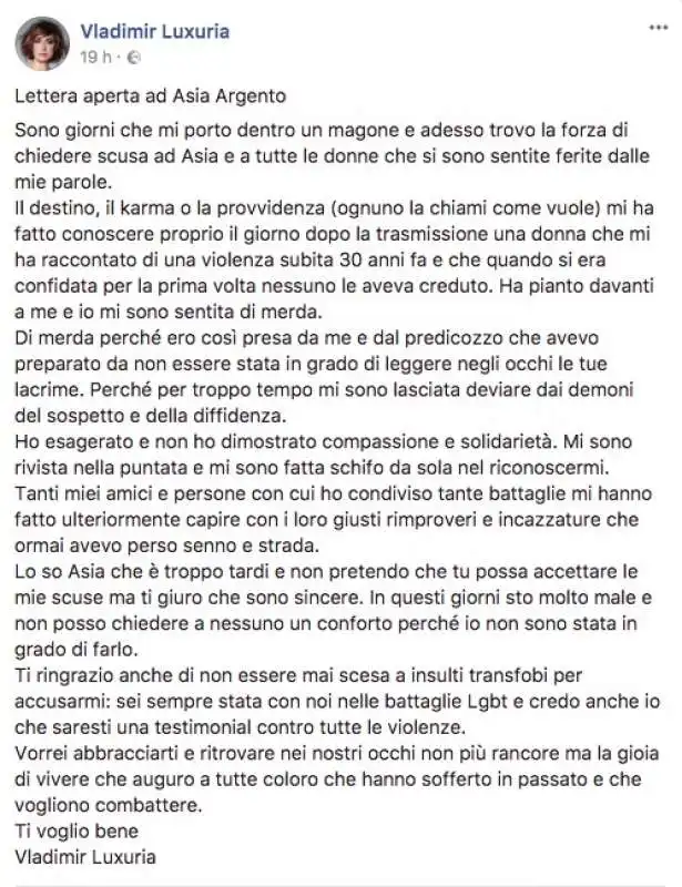 VLADIMIR LUXURIA E LA LETTERA A ASIA ARGENTO