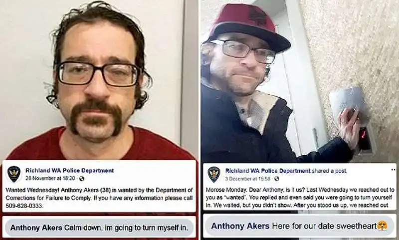 il ricercato anthony akers risponde alla polizia su facebook: finisco delle cose e arrivo 5