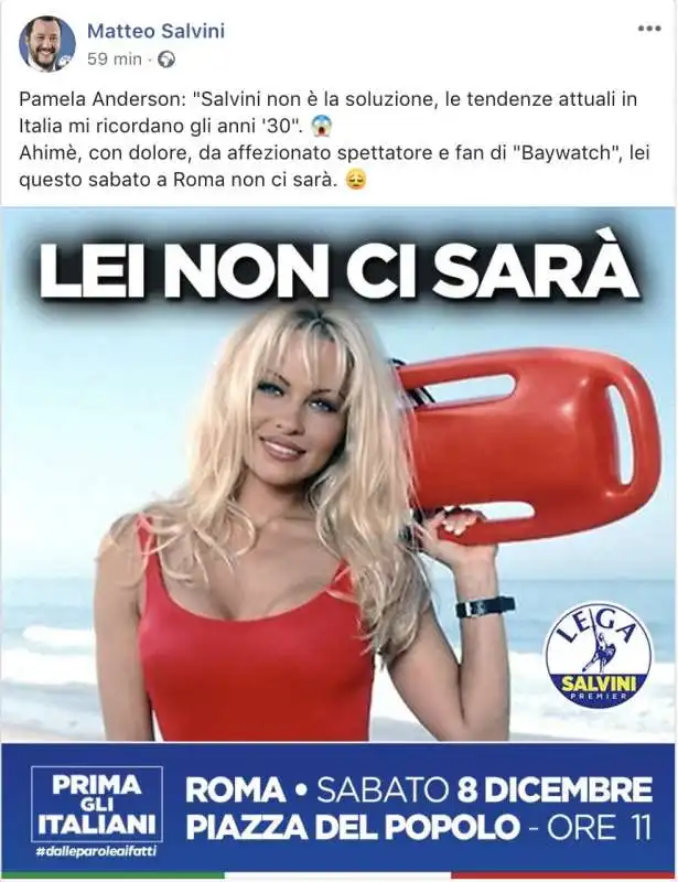 SALVINI RISPONDE A PAMELA ANDERSON