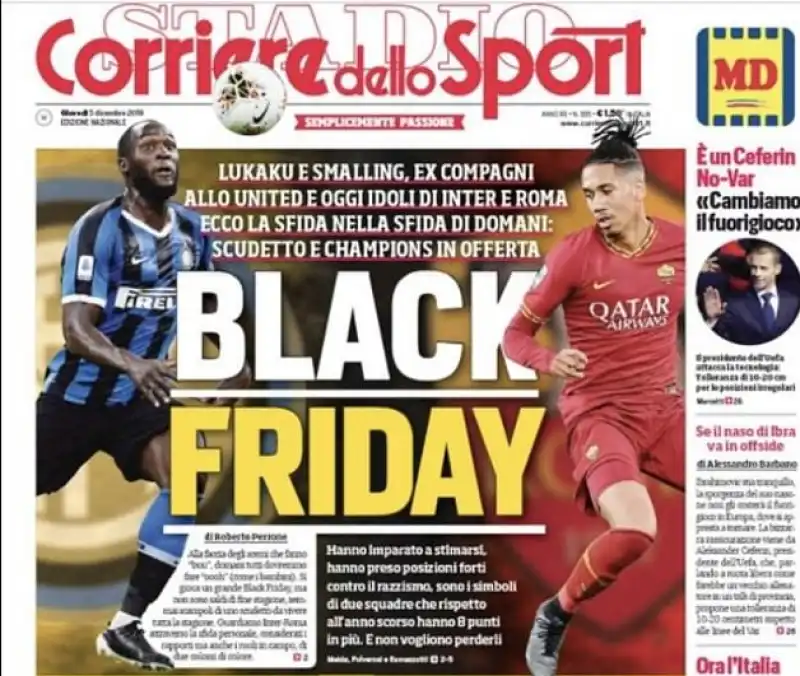 BLACK FRIDAY - IL TITOLO DEL CORRIERE DELLO SPORT SU LUKAKU E SMALLING