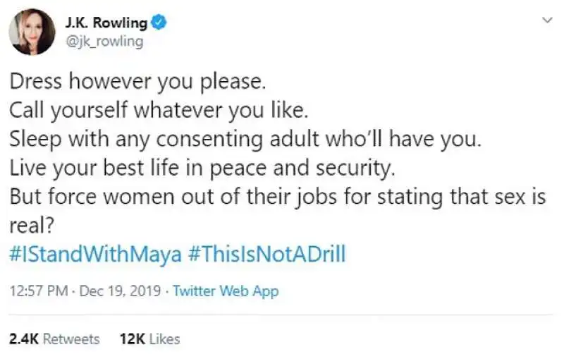 il tweet di jk rowling a favore di maya forstater