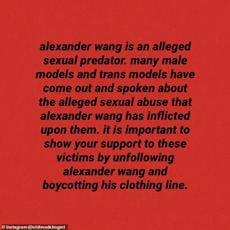 il post di shit model management su alexander wang 