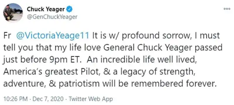 la morte di chuck yeager