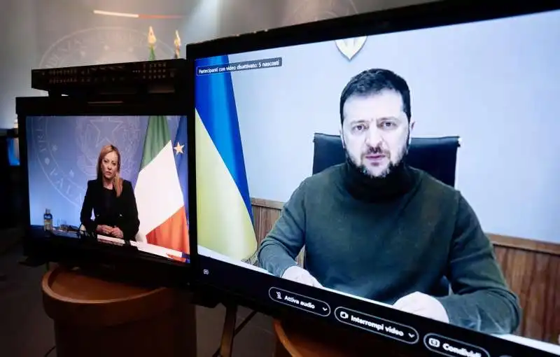 giorgia meloni volodymyr zelensky   video collegamento g7 