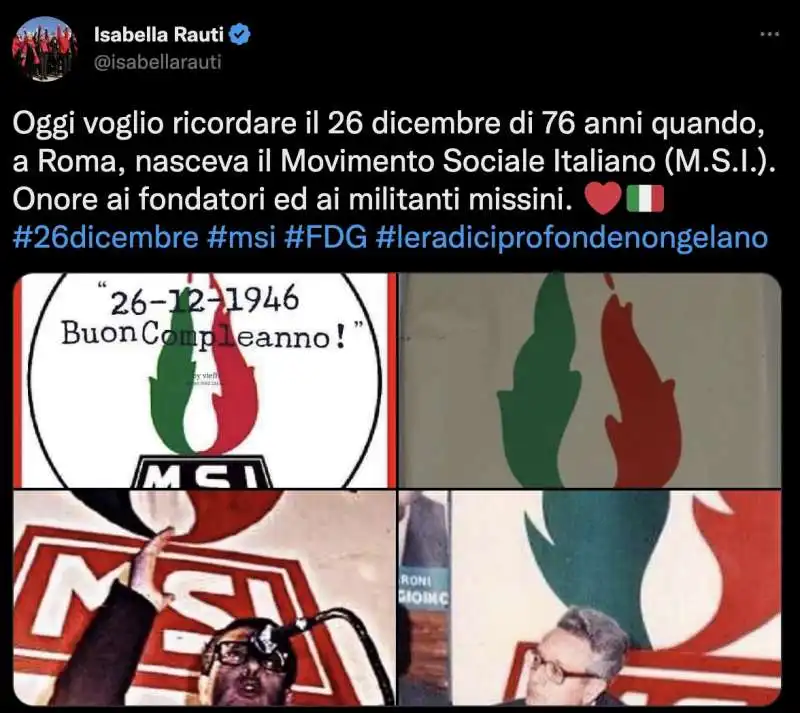 il tweet di isabella rauti per il compleanno del msi 