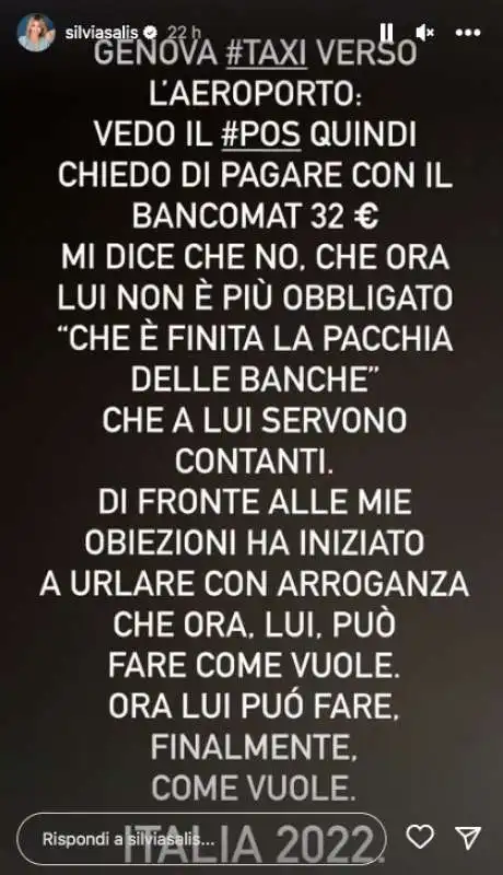 LA STORY DI SILVIA SALIS SUL INCONTRO CON IL TASSISTA CHE SI E RIFIUTATO IL PAGAMENTO CON IL POS 