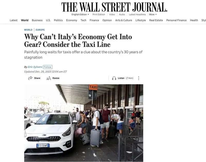 ARTICOLO DEL WALL STREET JOURNAL SULLE CODE PER I TAXI IN ITALIA